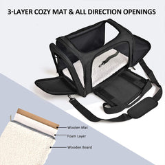 A black soft-sided pet carrier with a three-layer mat featuring a wooden board, foam, and wool.