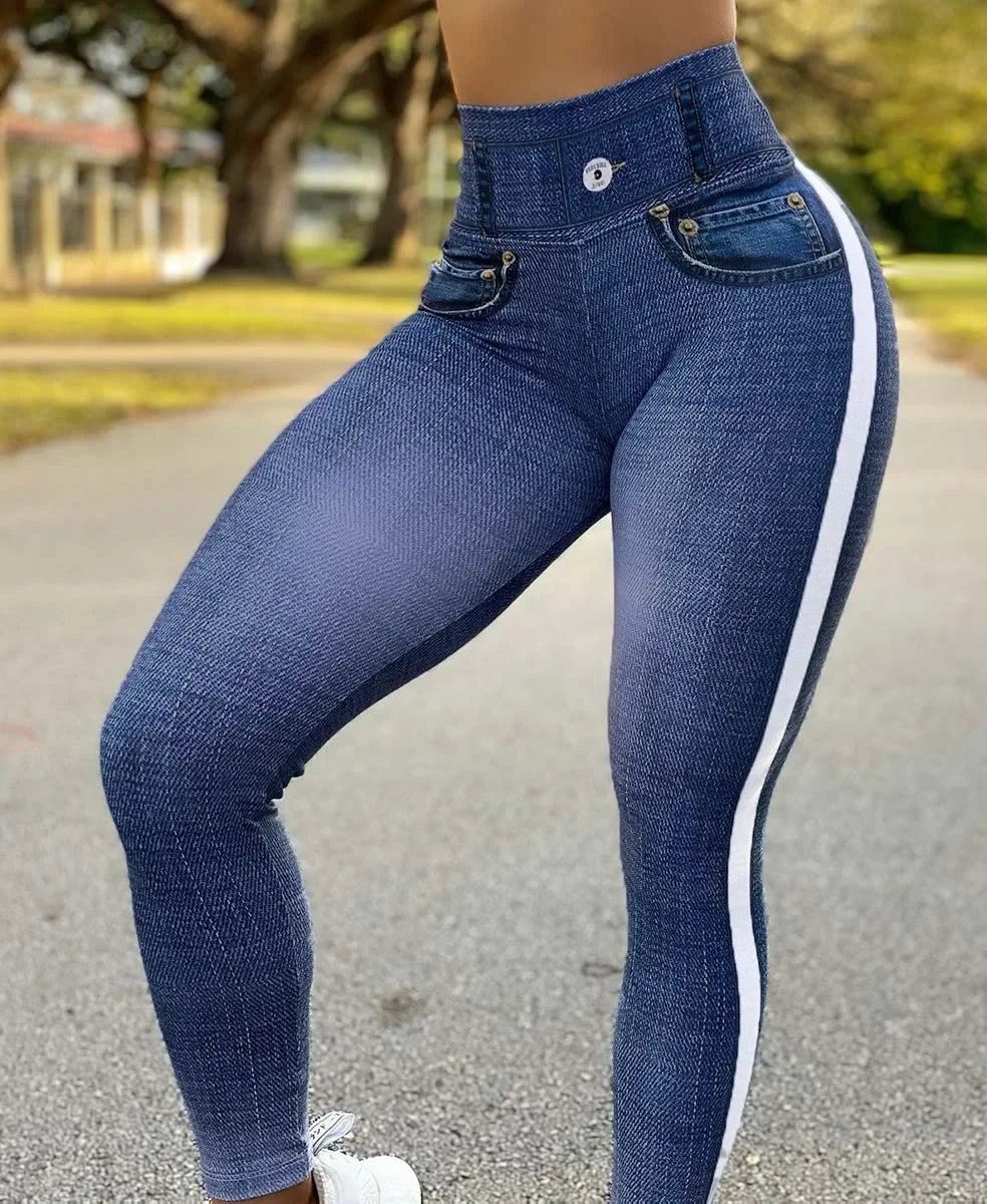 Denim look print high waist tummy control leggings for women with butt lift design, slim fit pencil pants for spring and summer wear.