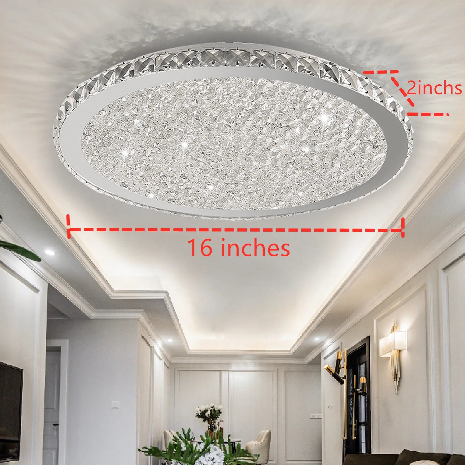 16-inch silver crystal LED ceiling light with raindrop chandelier design, showcasing sparkling crystal accents and modern elegance