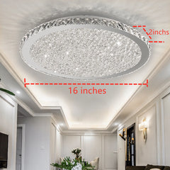 A 16-inch round modern crystal LED ceiling light with a silver frame and raindrop design.