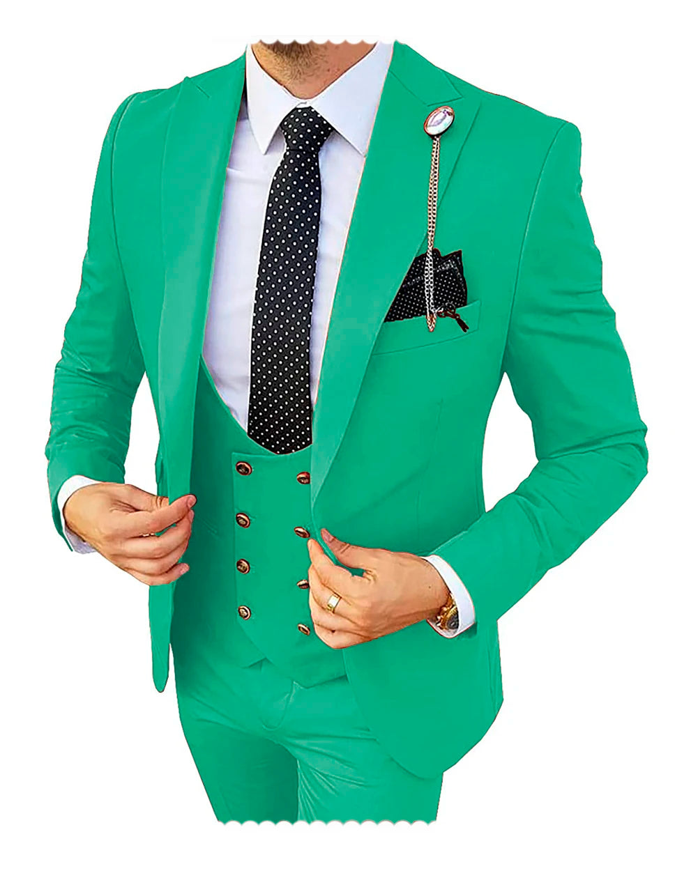 Formal men's 3-piece wedding suit by Showlu Fashion, featuring a champagne tuxedo blazer, vest, and matching pants.