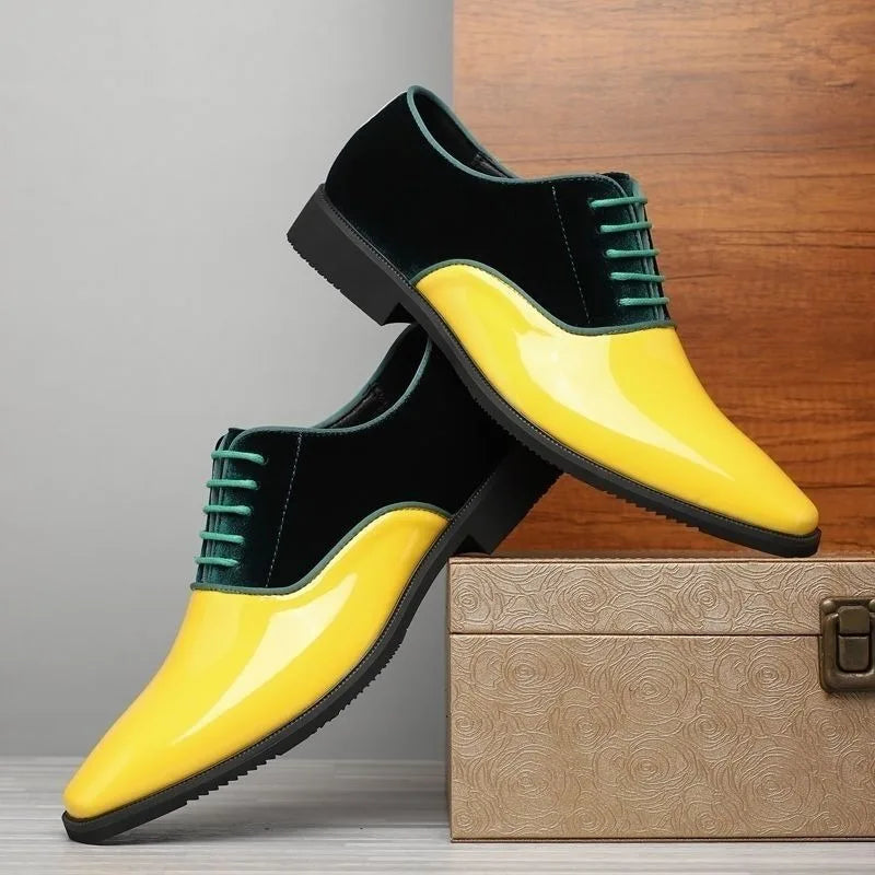 Men's elegant oxford shoes in yellow, blue, red, and black patent leather, suitable for formal, casual, or wedding occasions.