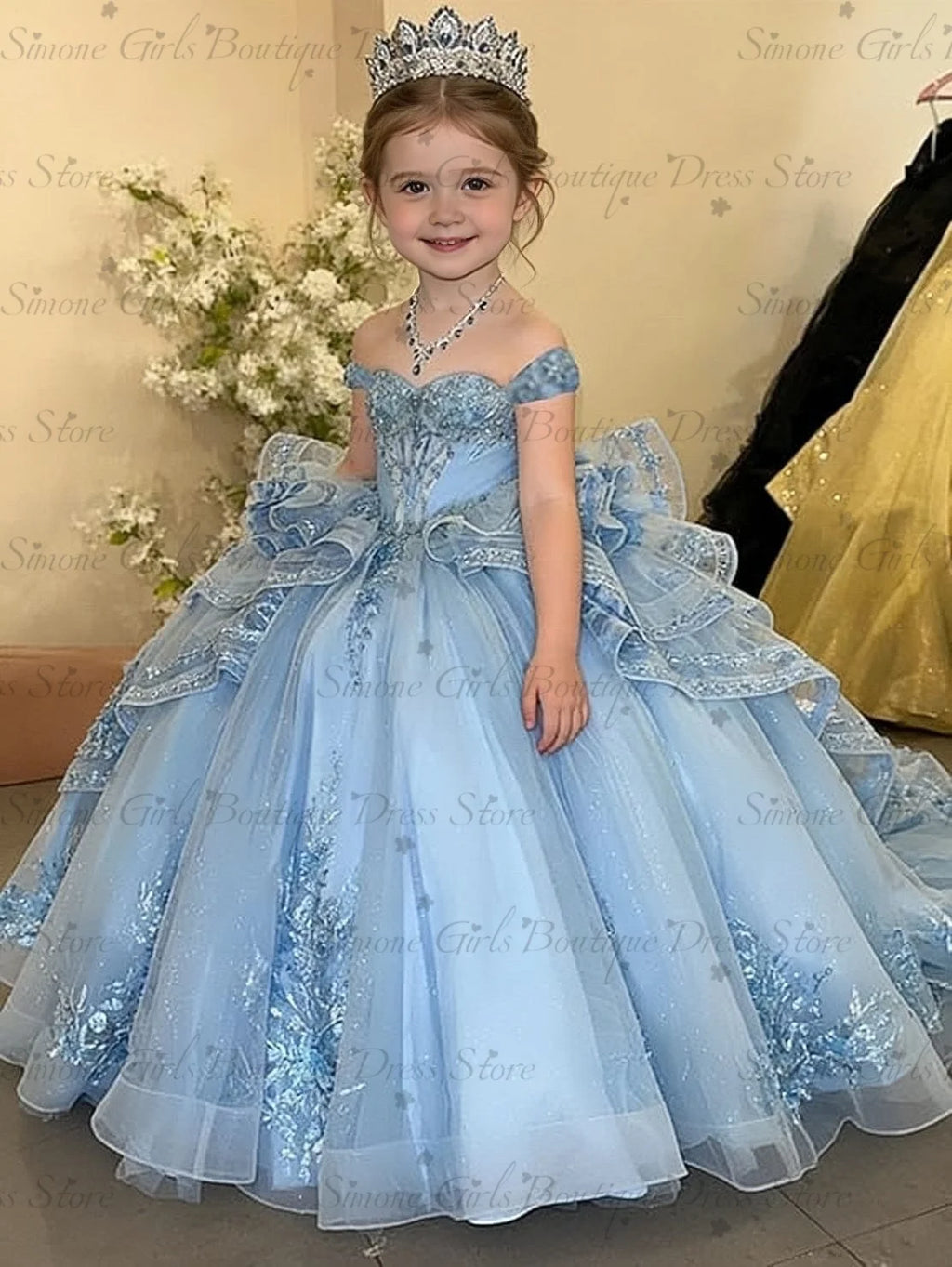 Princess Off Shoulder Flower Girl Dress for Wedding Kids Lace Appliqued Tulle Pageant Dress Customized Birthday Party Ball Gown