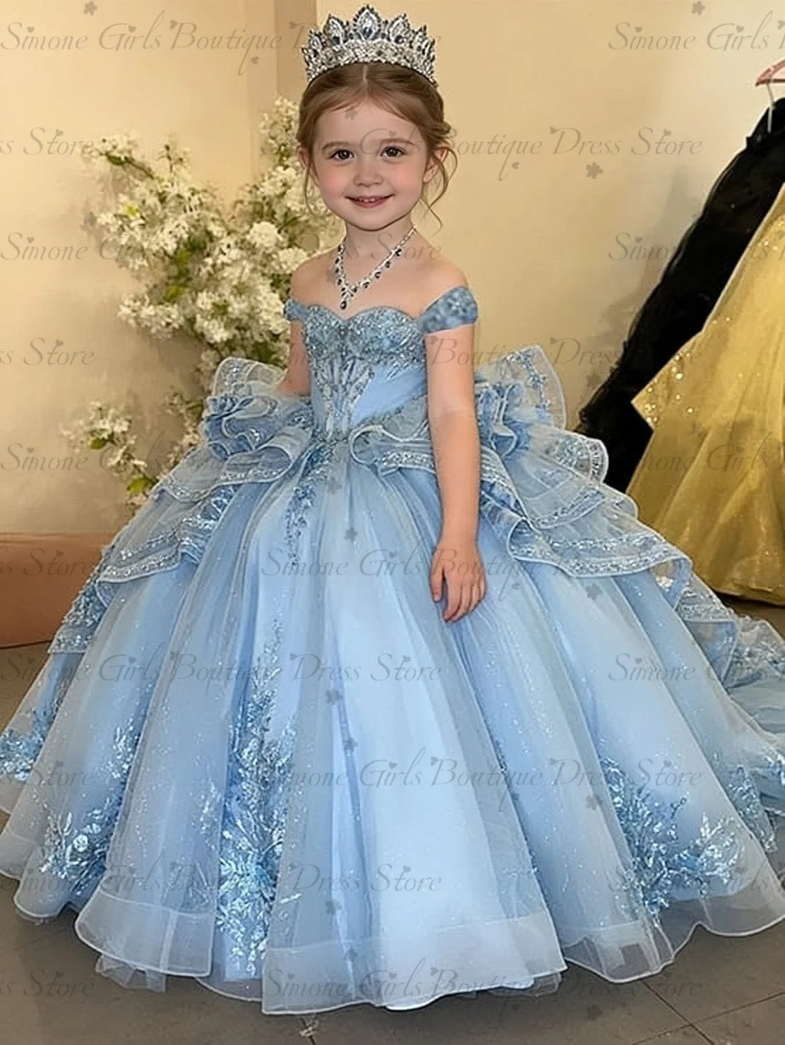 Princess Off Shoulder Flower Girl Dress for Wedding Kids Lace Appliqued Tulle Pageant Dress Customized Birthday Party Ball Gown
