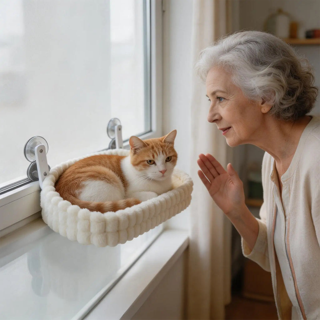 Foldable Showlu Cat Window Perch with double-sided plush hammock for kittens, offering a cozy resting spot by the window.