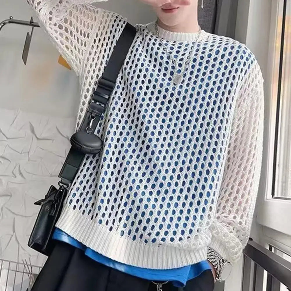 Comfortable Men Shirt Men's Hip Hop Mesh Fishnet Clubwear Top Solid Color Round Neck Long Sleeve See-through Pullover for Men