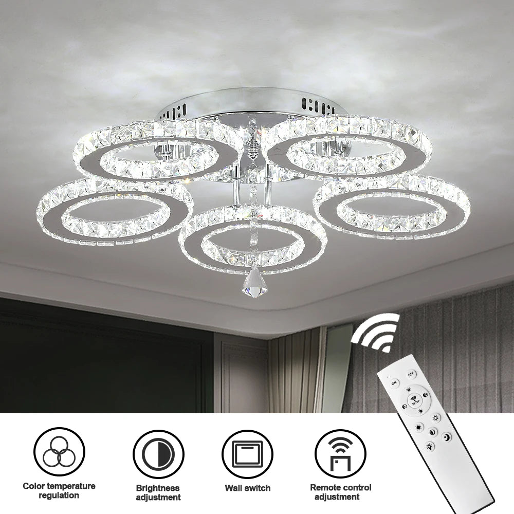 Modern Crystal Chandelier by Showlu Fashion Store with chrome finish and LED ceiling light, featuring a sleek flush mount design.