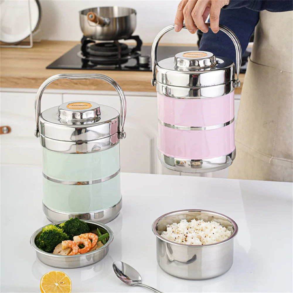 Stainless steel insulated lunch box with 1400ML capacity, durable portable food container for adults and kids, showing a sleek design.