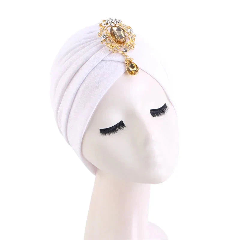 Showlu Fashion women's diamond pleated turban hijab chemo cap wrap, stylish head covering with elegant pleats and diamond accents.