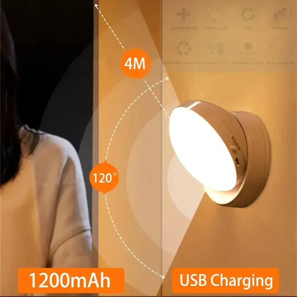 Showlu Smart General 360° Motion Sensor Night Light glowing in a dark room with adjustable brightness and sleek design.
