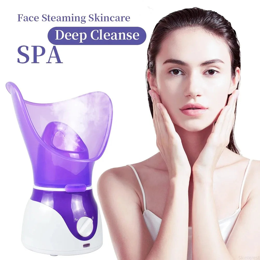 Showlu Smart Facial Steamer with hot and cold spray for face moisturizing, shown with steam emitting from the device.