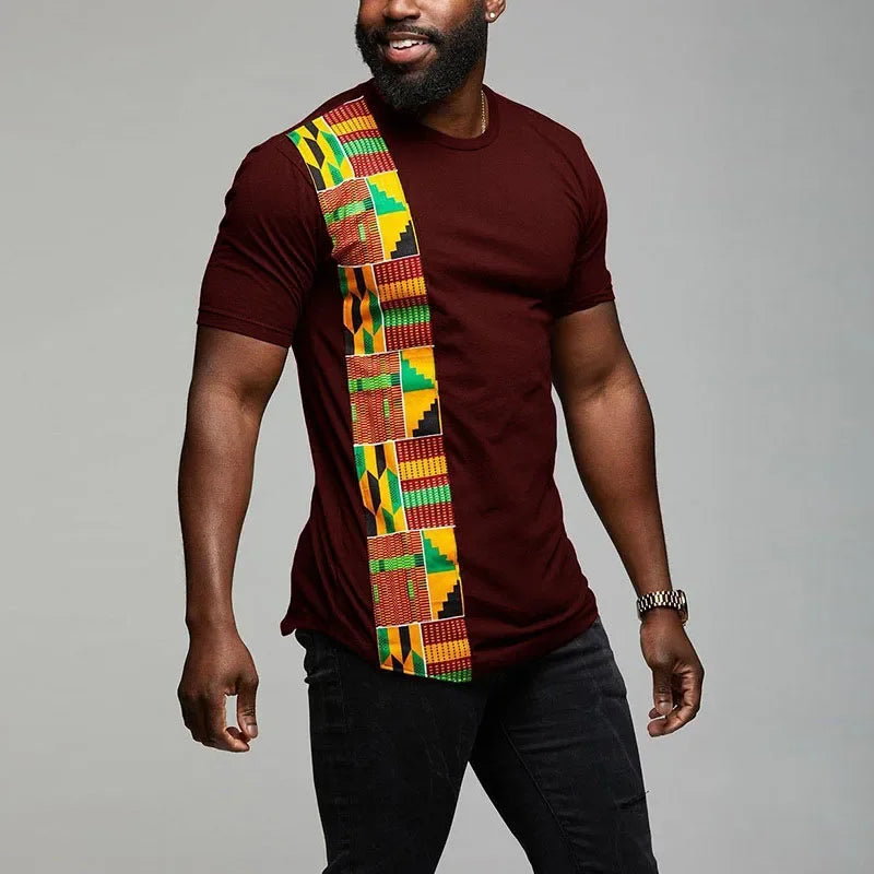Men's African Kente patchwork T-shirt by SHOWLU FASHION featuring vibrant Ankara cotton fabric and traditional patchwork design.