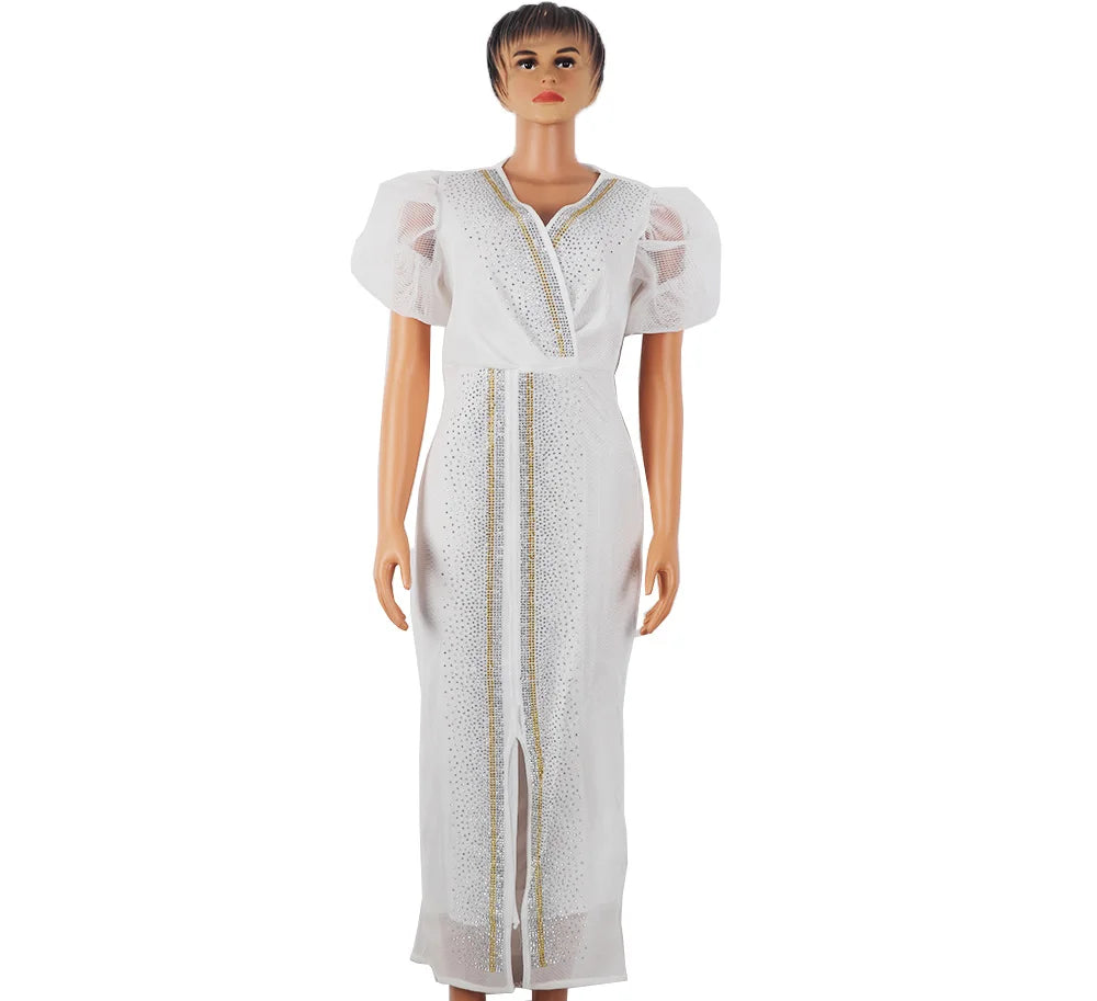 Showlu Fashion stretch mesh diamond-encrusted V-neck dress with bubble sleeves, perfect for stylish evening wear.