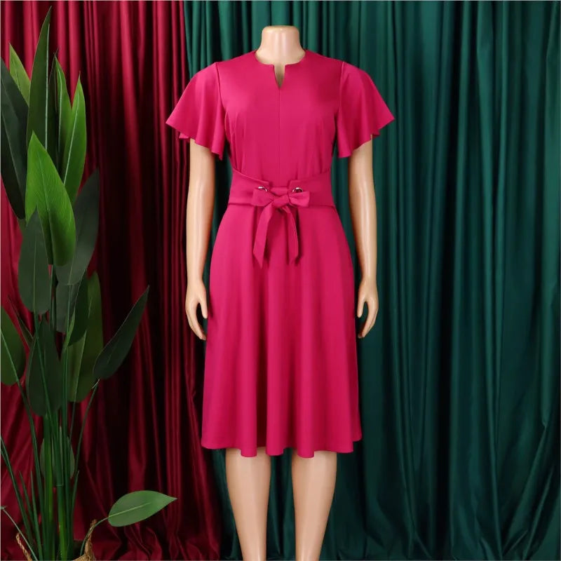 Elegant women's V-neck tie waist midi dress by SHOWLU FASHION STORE, perfect for summer fashion and stylish occasions.