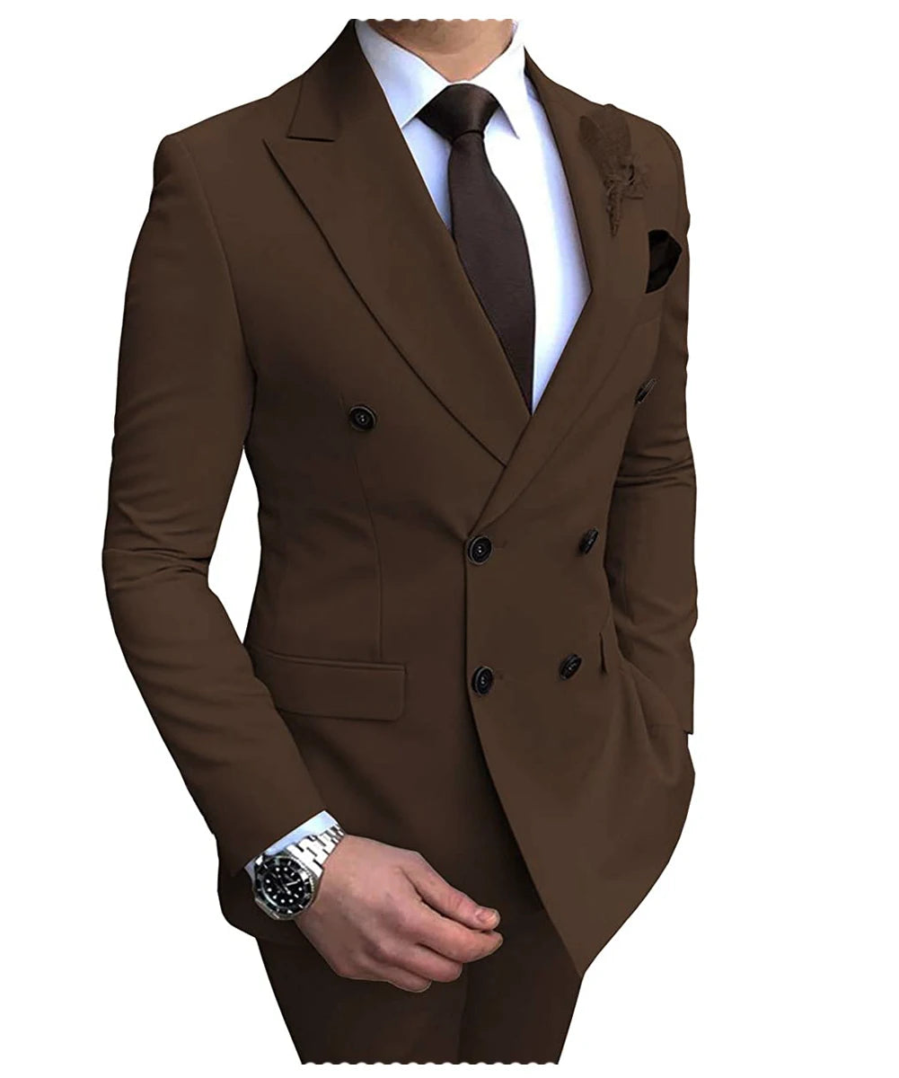 Beige men's 2024 suit set with blazer and pants, slim fit, double-breasted, notch lapel, suitable for wedding or casual wear.