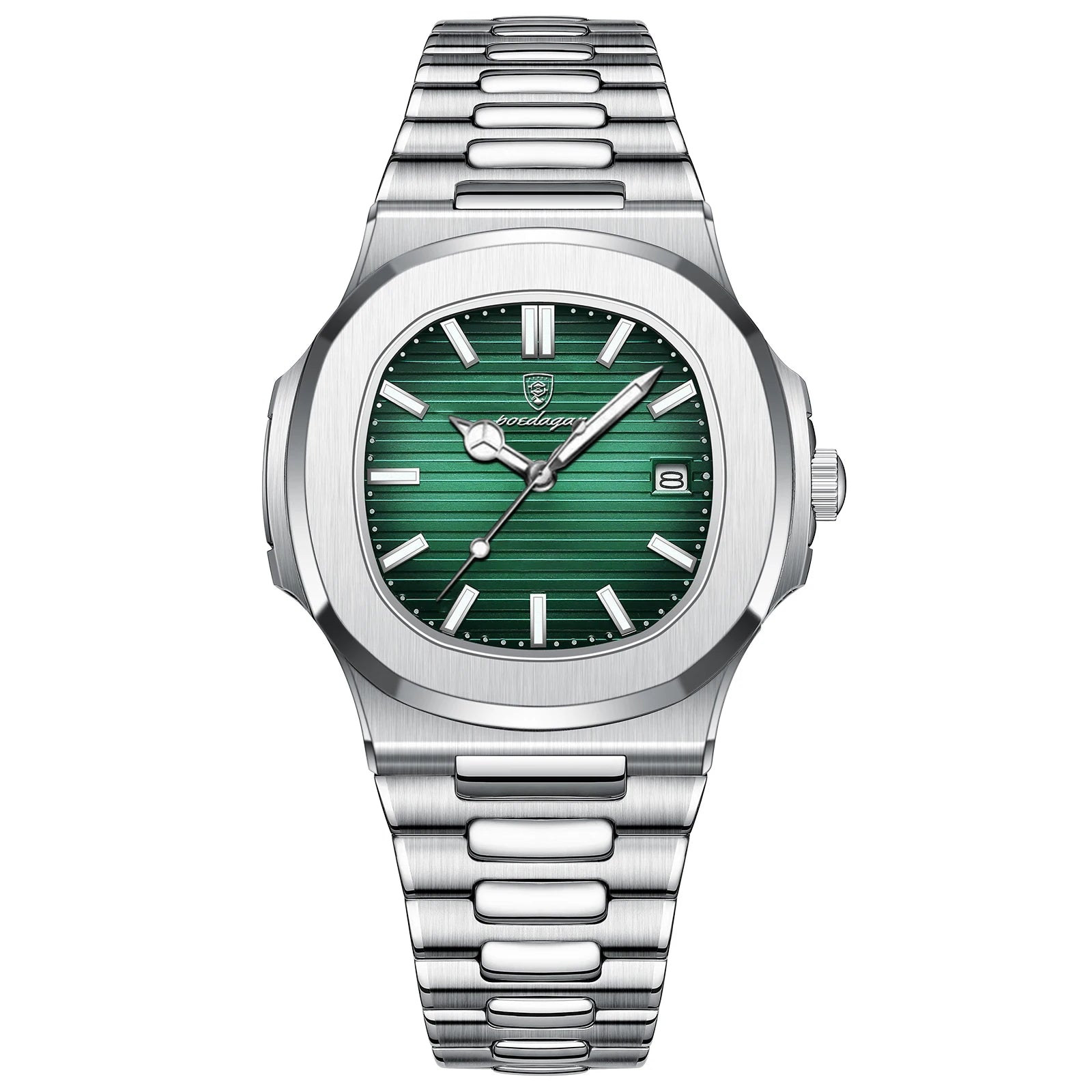 Showlu Fashion Square Luxury Men’s Wristwatch with stainless steel band, luminous dial, waterproof design, and date display.
