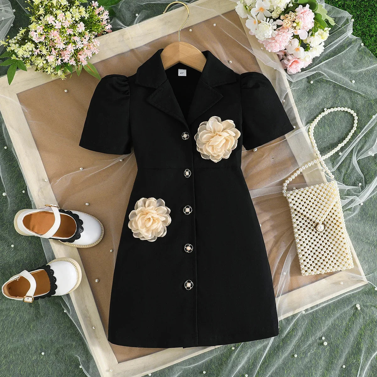 Showlu Fashion Girl's blazer dress with long sleeves and floral design, perfect for elegant parties and special occasions.