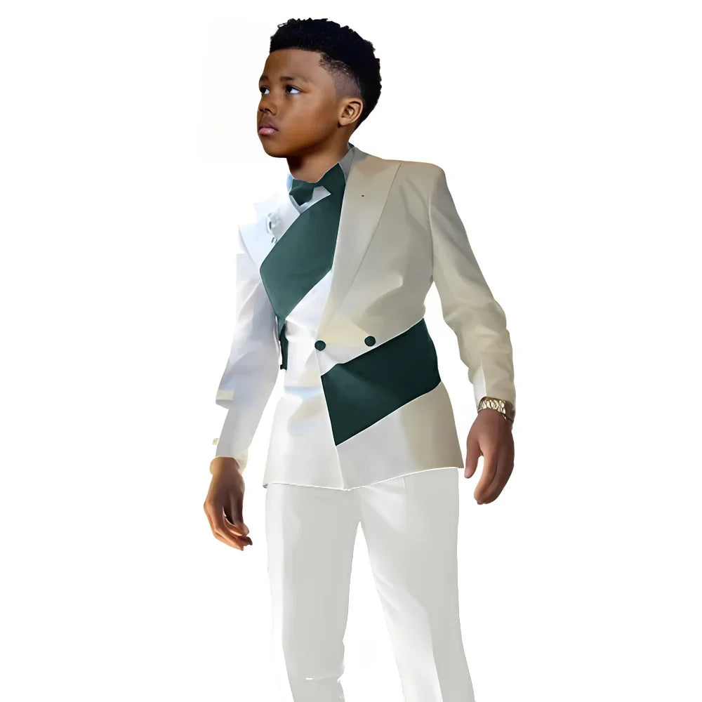 White satin boys' tuxedo suit with double-breasted jacket and matching pants, slim fit, suitable for ages 2 to 16 years.