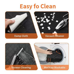 A four-panel image showing a black quilted dog car seat cover being cleaned by various methods.