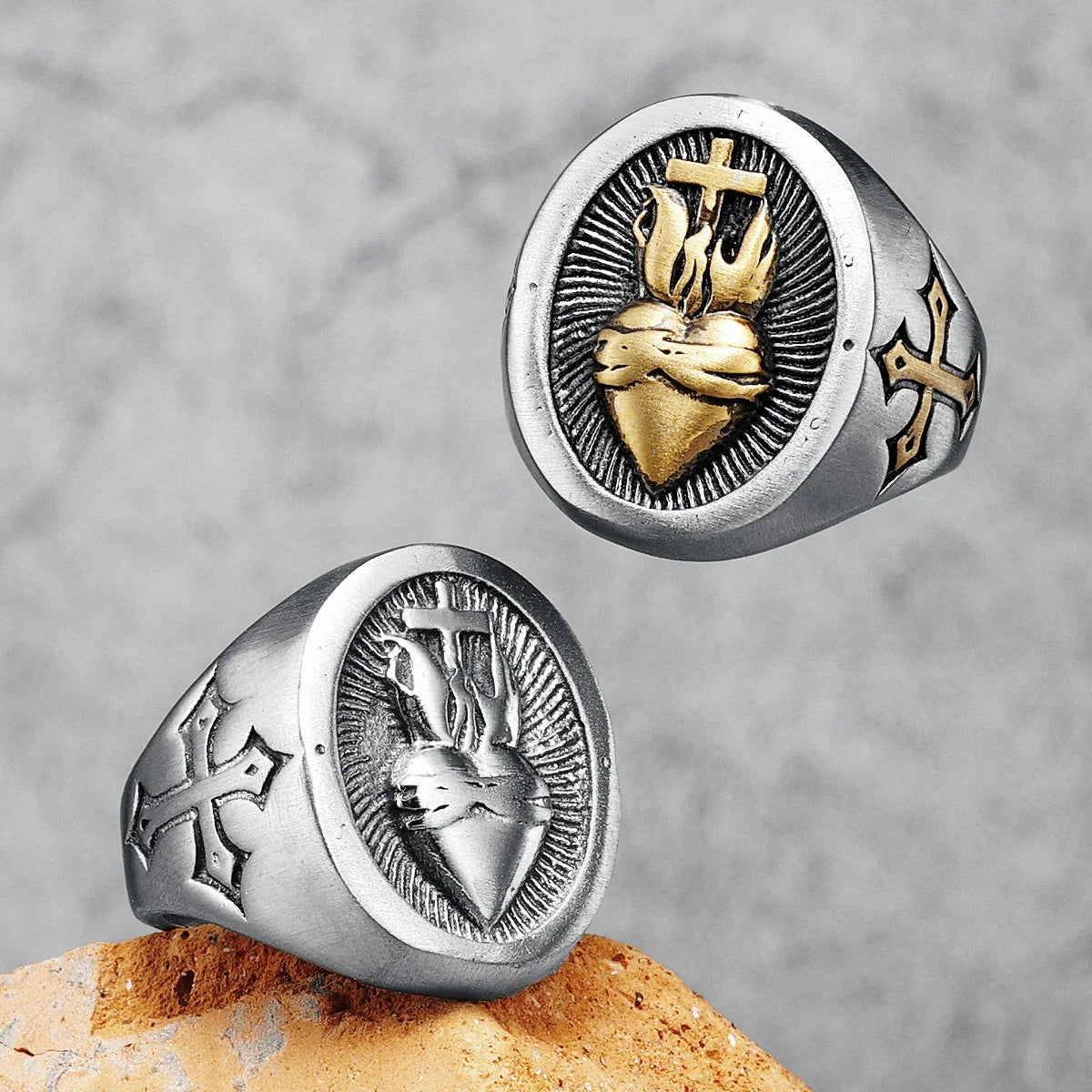 Stainless steel biker cross ring featuring a heart of God design, crafted from 316L stainless steel with detailed religious motif.