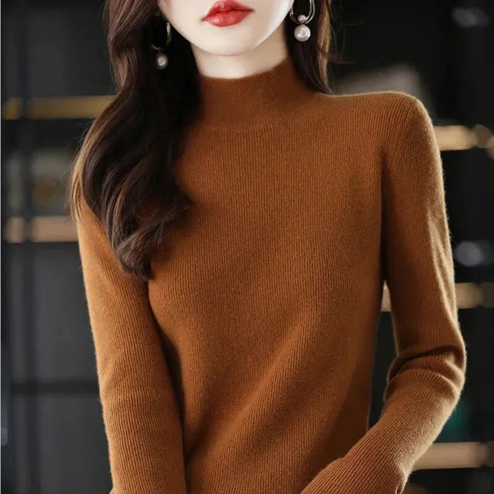 SHOWLU FASHION X-G-Xinde women's pleated pullover sweater with half high collar and slim fit, shown in a stylish indoor setting.