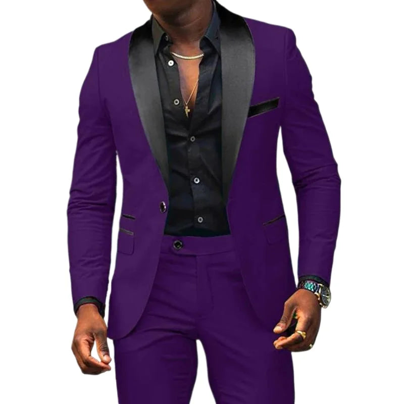 Men's fashion business casual two-piece suit with slim-fit jacket and trousers, breathable fabric, side slits, single-button design.