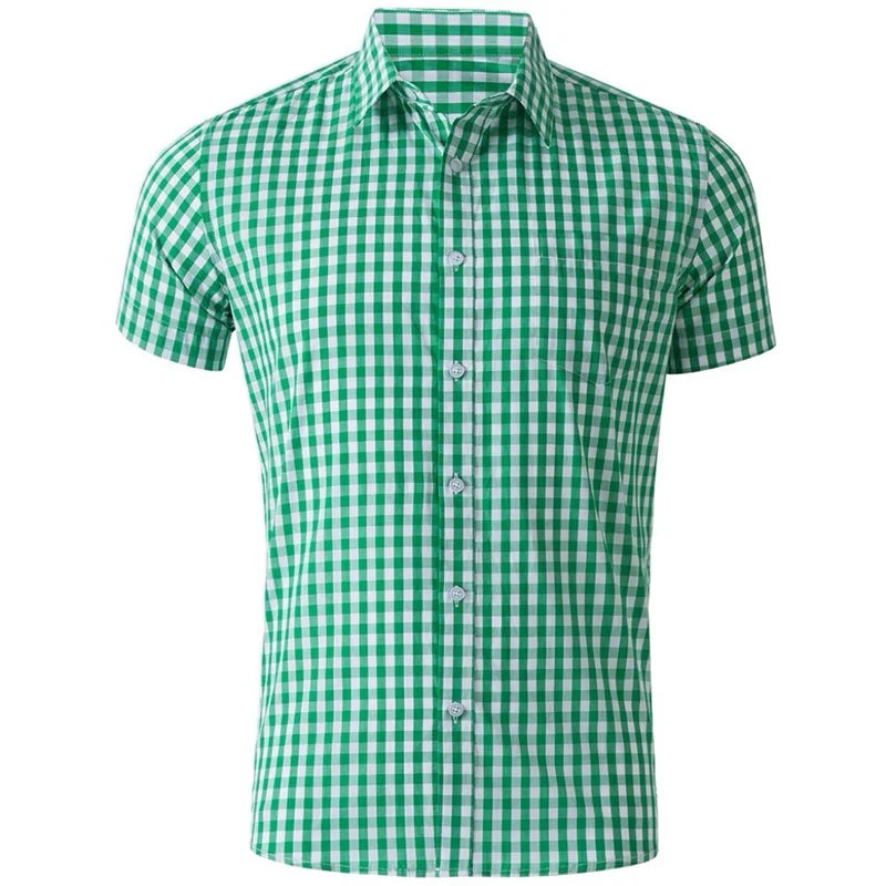 Men's short-sleeved Hawaiian plaid shirt in red and blue, breathable casual streetwear, showing lapel collar and relaxed fit.