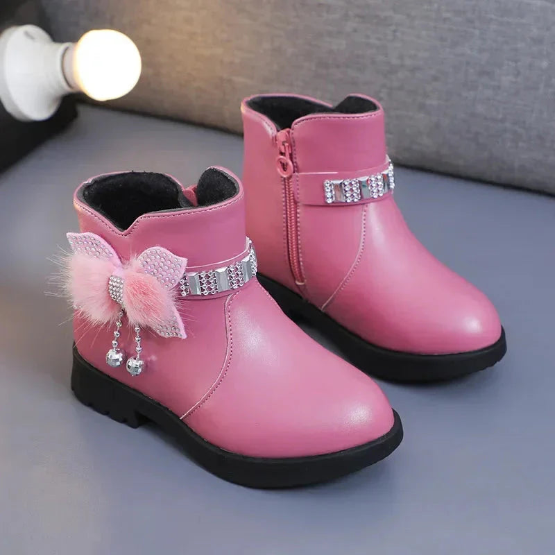 Girls winter ankle boots by ROMSUNS, plush PU leather shoes with stylish design and cozy lining for warmth and fashion.