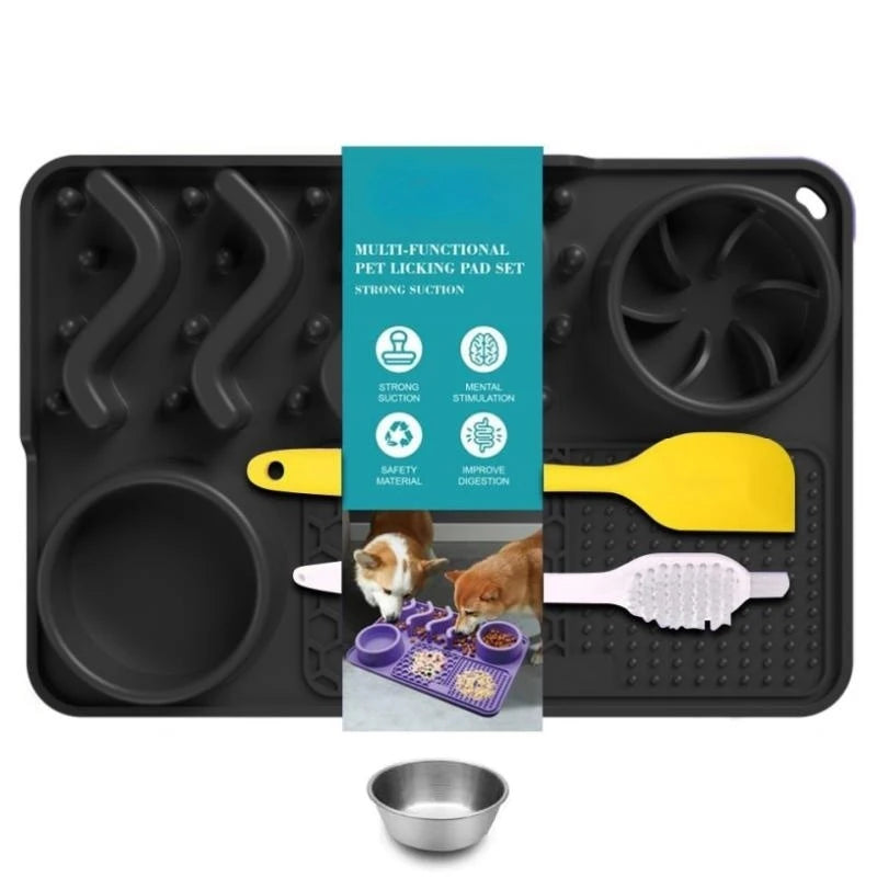 Turquoise slow feeder silicone mat with aluminum bowl for pets, designed to reduce anxiety and boredom, measuring 17x11x2 inches.