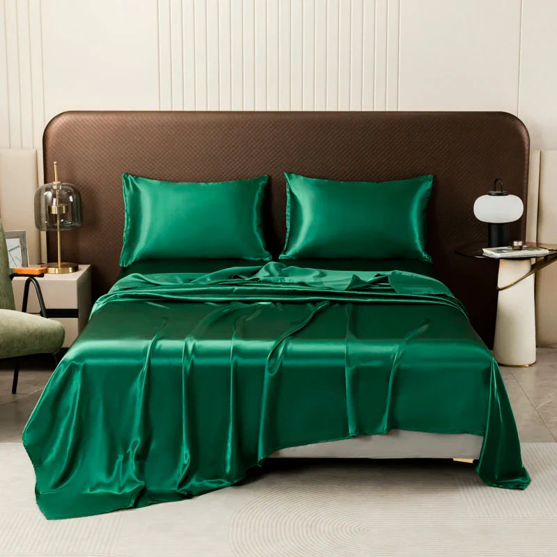 SHOWLU Satin Silk Flat Bed Sheet in smooth polyester with 500TC, shown spread out on a bed for luxurious bedding.