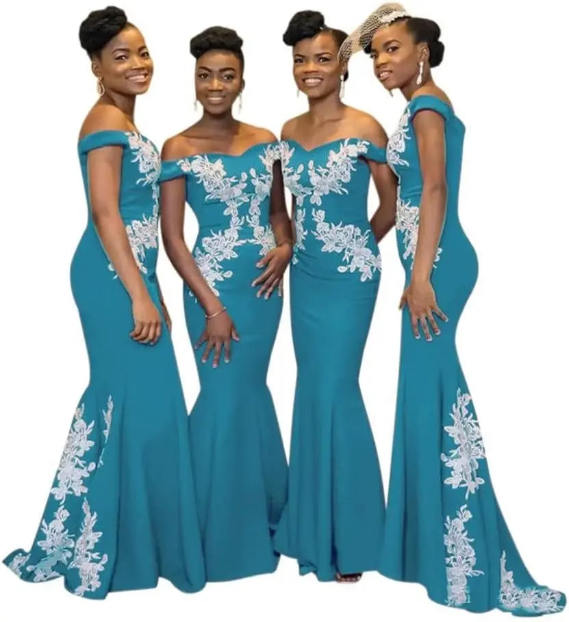 Burgundy JC&STAR off-the-shoulder mermaid satin bridesmaid dress with fitted bodice and flowing skirt, elegant evening gown.