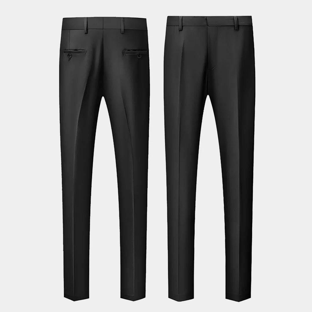 Black men's 2-piece double-breasted suit by Showlu Fashion, featuring a tailored smart casual design with lapels and structured fit.