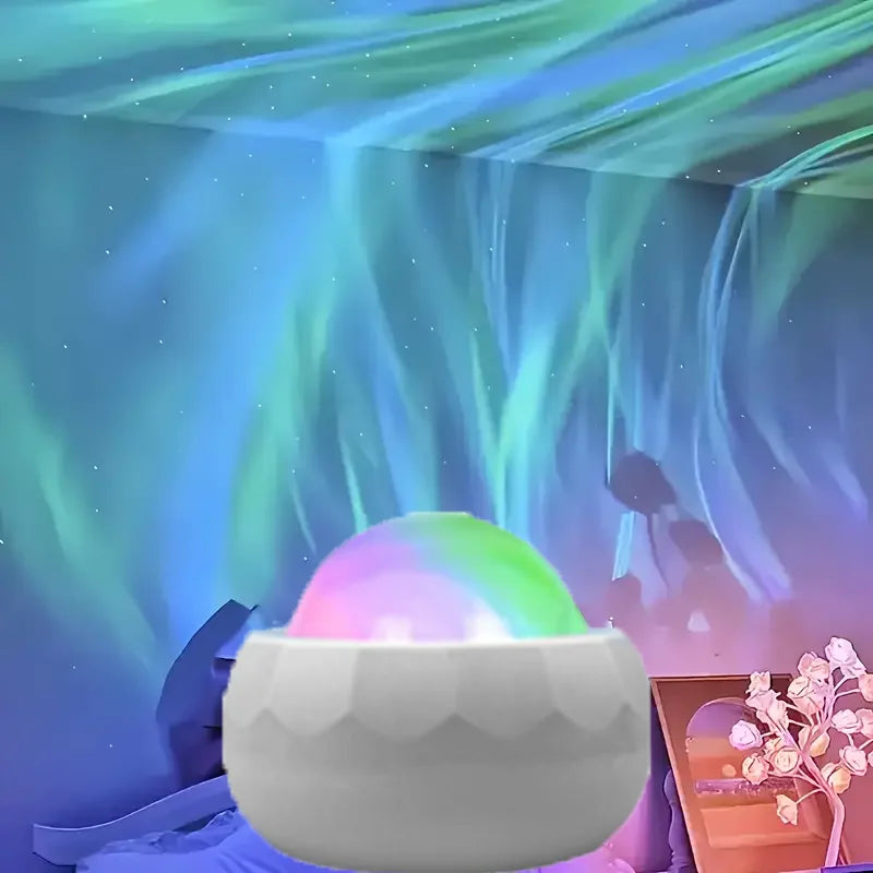 Showlu Smart Aurora Borealis Projector displaying vibrant green and purple lights on a dark room wall.