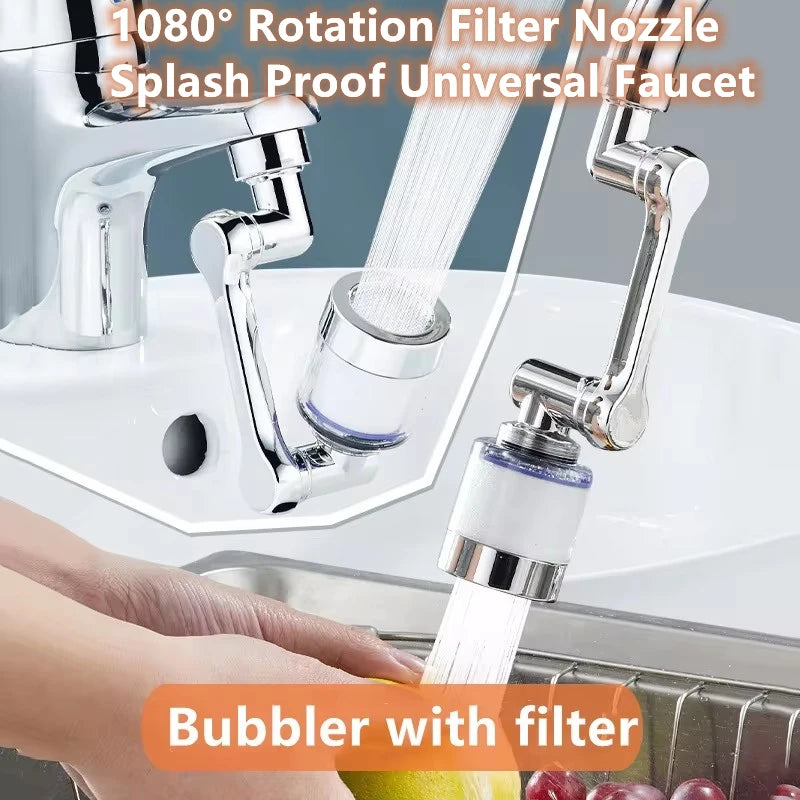 Showlu 1080° rotating robotic arm faucet extender with universal nozzle, attached to a modern sink faucet for flexible water flow.