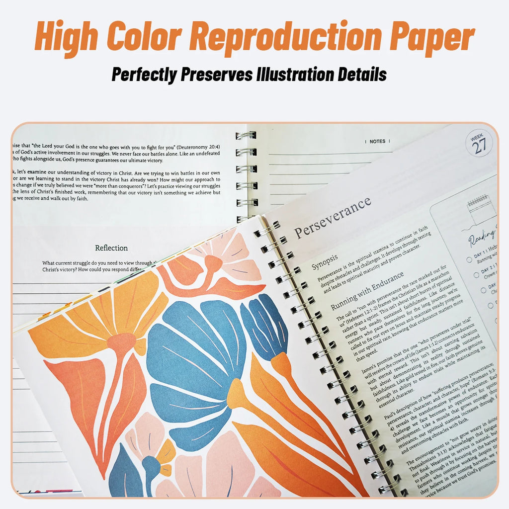 Spiral-bound Women's Bible In A Year 52-Week Devotional Journal with floral cover design and lined pages for daily reflections.