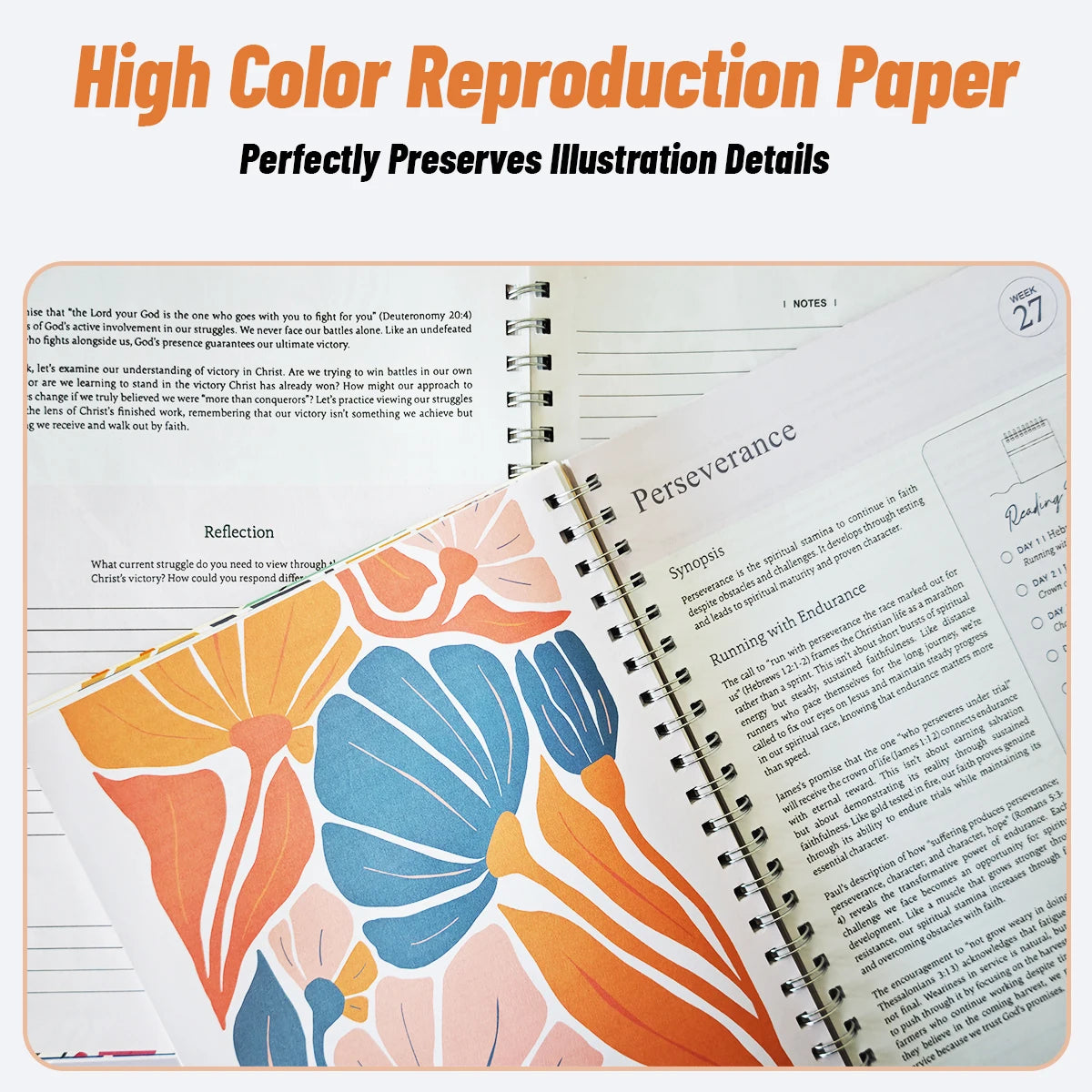 Spiral-bound Women's Bible In A Year 52-Week Devotional Journal with floral cover design and lined pages for daily reflections.