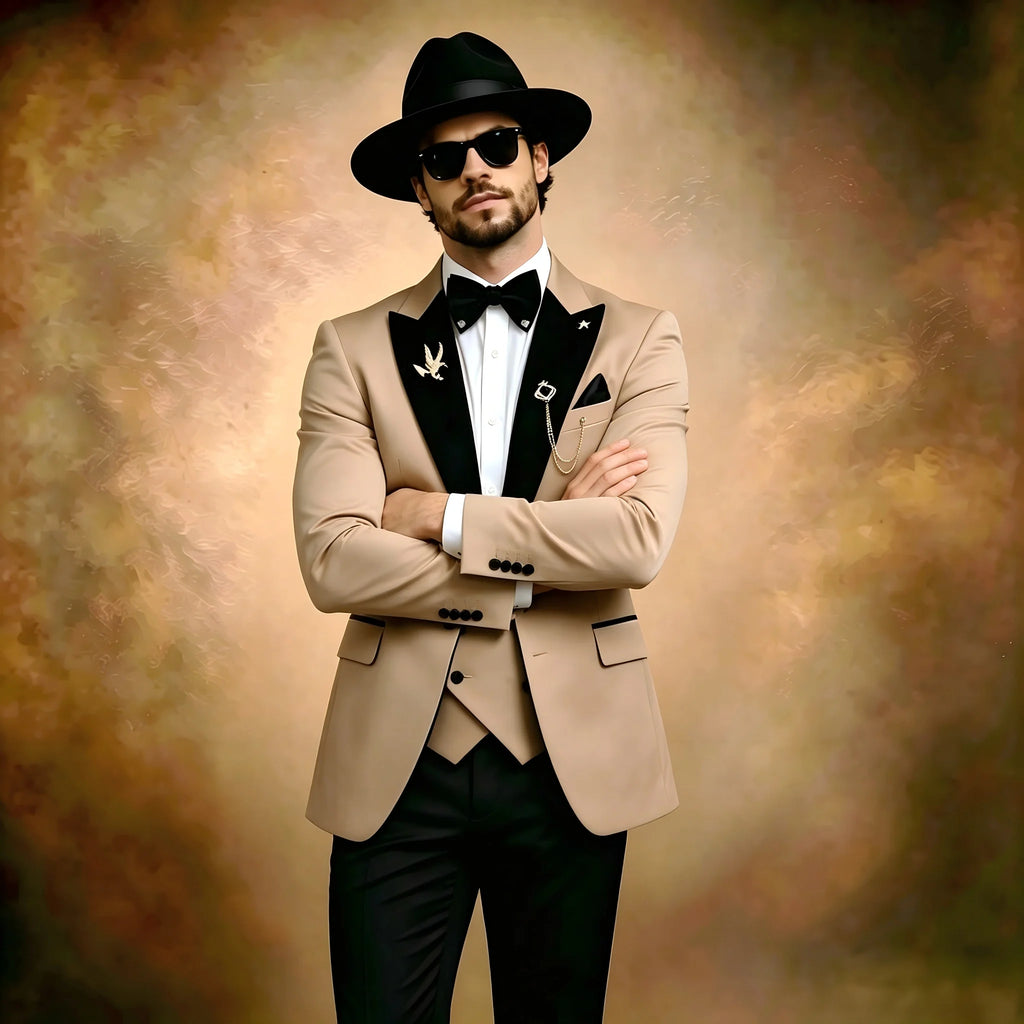 Beige formal men's suit set with blazer, vest, and pants, featuring a peaked lapel, suitable for weddings, parties, or business events.