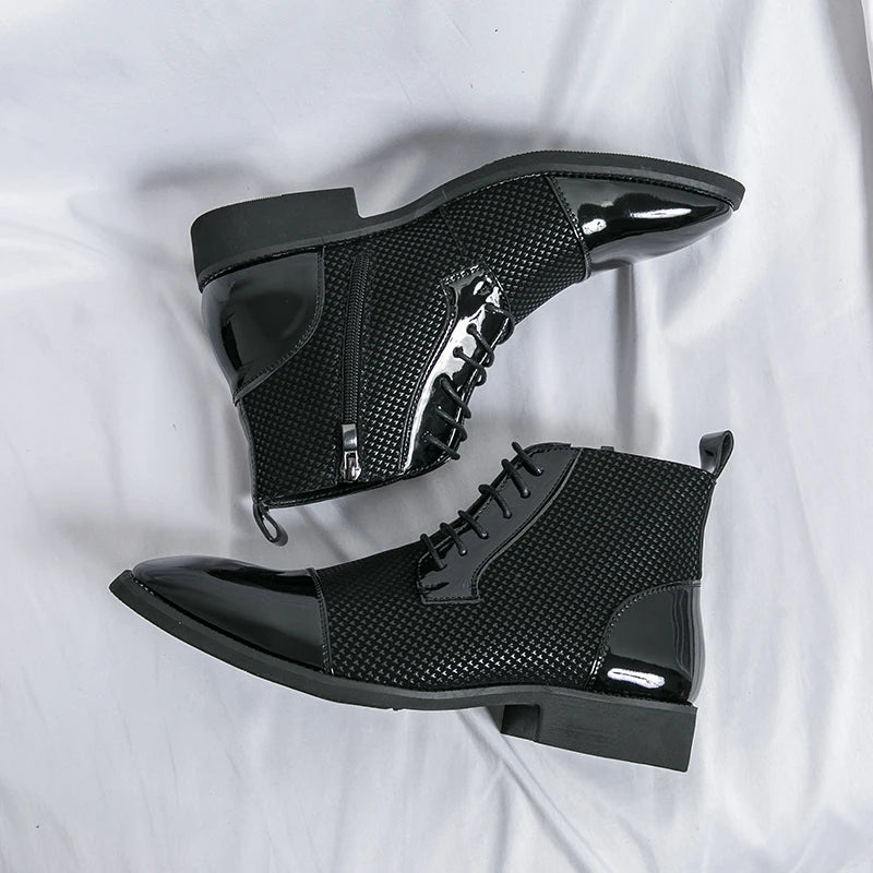 Showlu Fashion Men's pointed toe ankle boots in patchwork patent leather featuring stylish design and sleek craftsmanship.