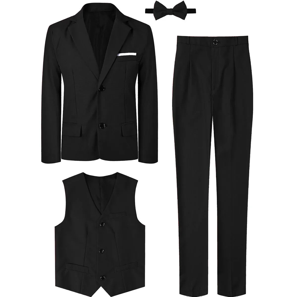 A&J DESIGN boys' 3-piece formal wedding suit including tuxedo blazer, vest, and pants, displayed on a white background.