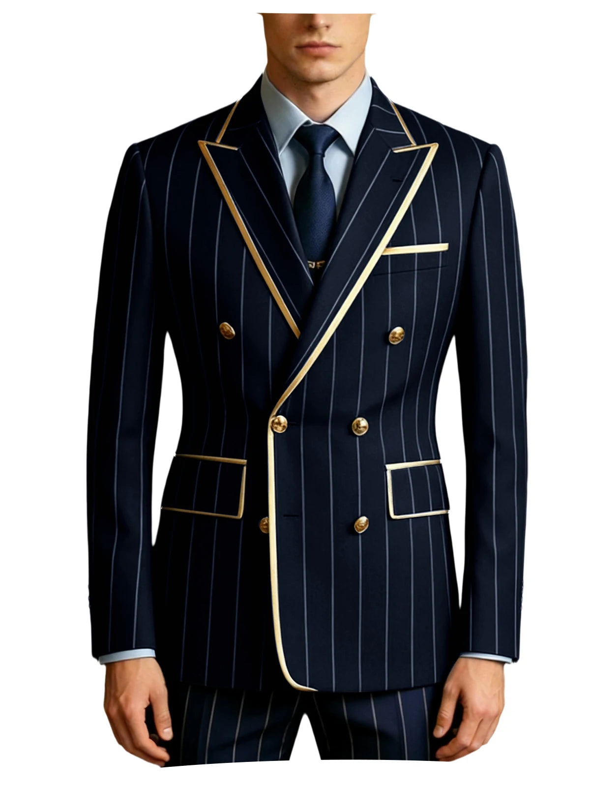 Men's Pinstripe Blazer Double Breasted Gold Trim Slim Fit Suit Jacket Peak Lapel Business Formal Tuxedo Coat for Wedding Prom