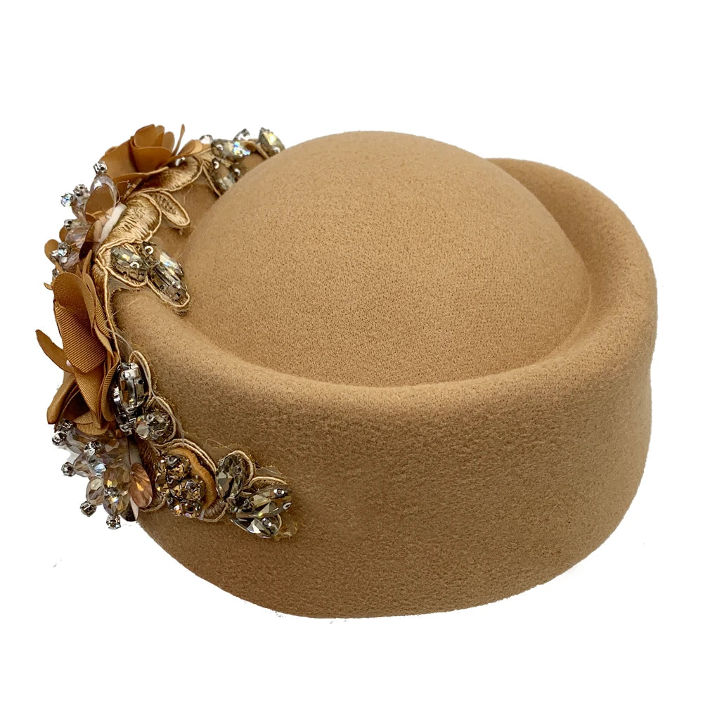 Women Air Stewardess Hat Rhinestone Flower Church Derby Beret Hats for Party Wool Felt Pillbox Costume Cosplay Caps Accessores
