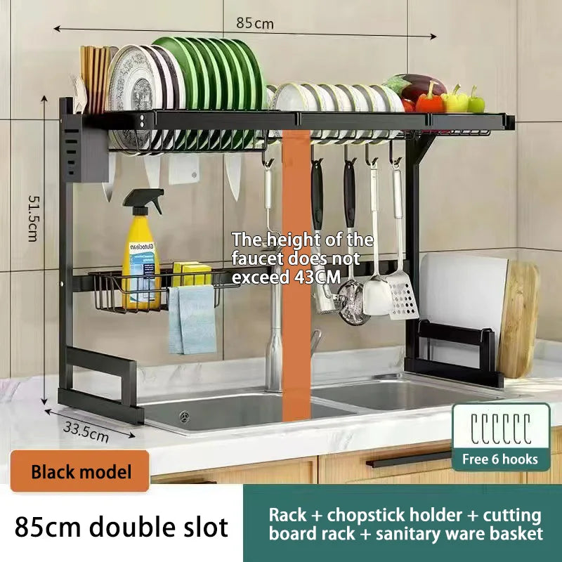 Stainless steel kitchen sink dish drain rack and utensil holder with draining surface and compartments for organized dish drying.