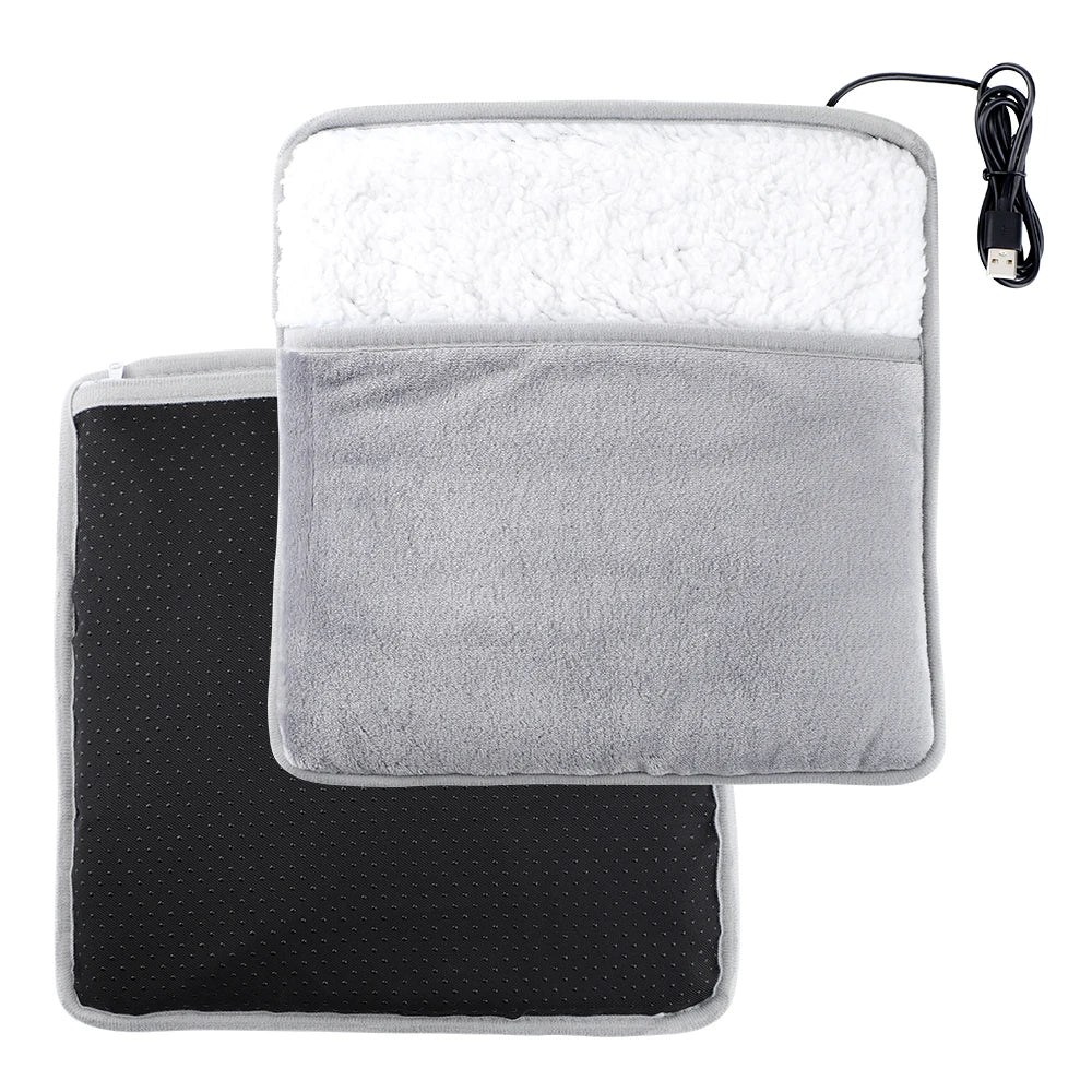Showlu Smart USB heated plush foot warmer pad, soft and cozy with heating element, perfect for cold weather comfort.