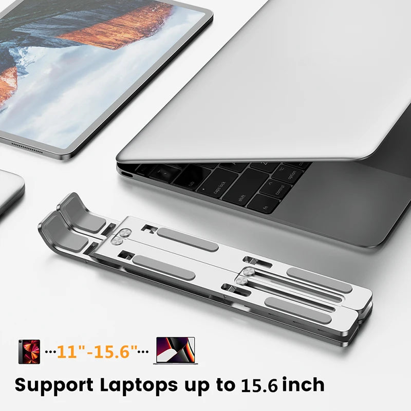 Showlu Aluminum Laptop Stand with foldable design and 6-level ergonomic riser for improved comfort and adjustable height.