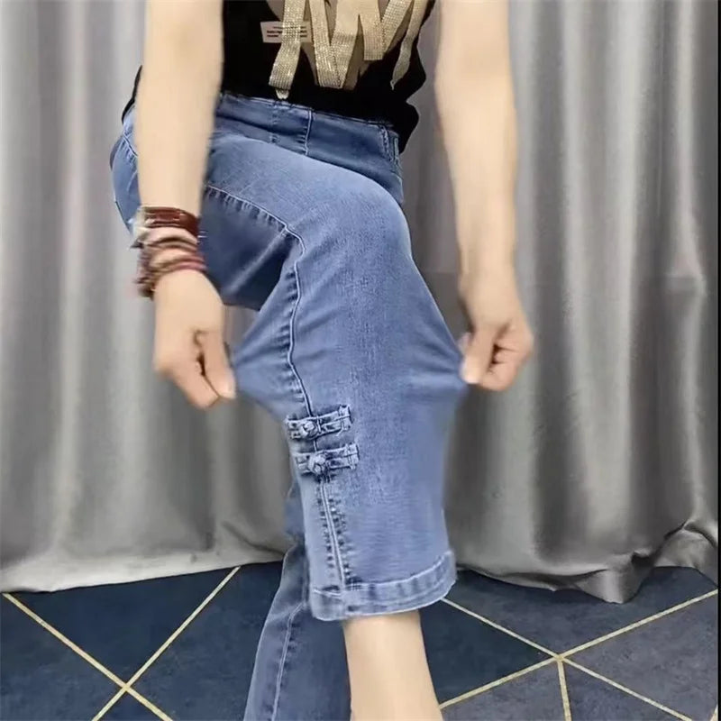 2025New Spring Autumn High Elasticity Women Jean Korean Loose Straight Ankle-Length Cowboy Pants Female Extends Denim Pants Lady