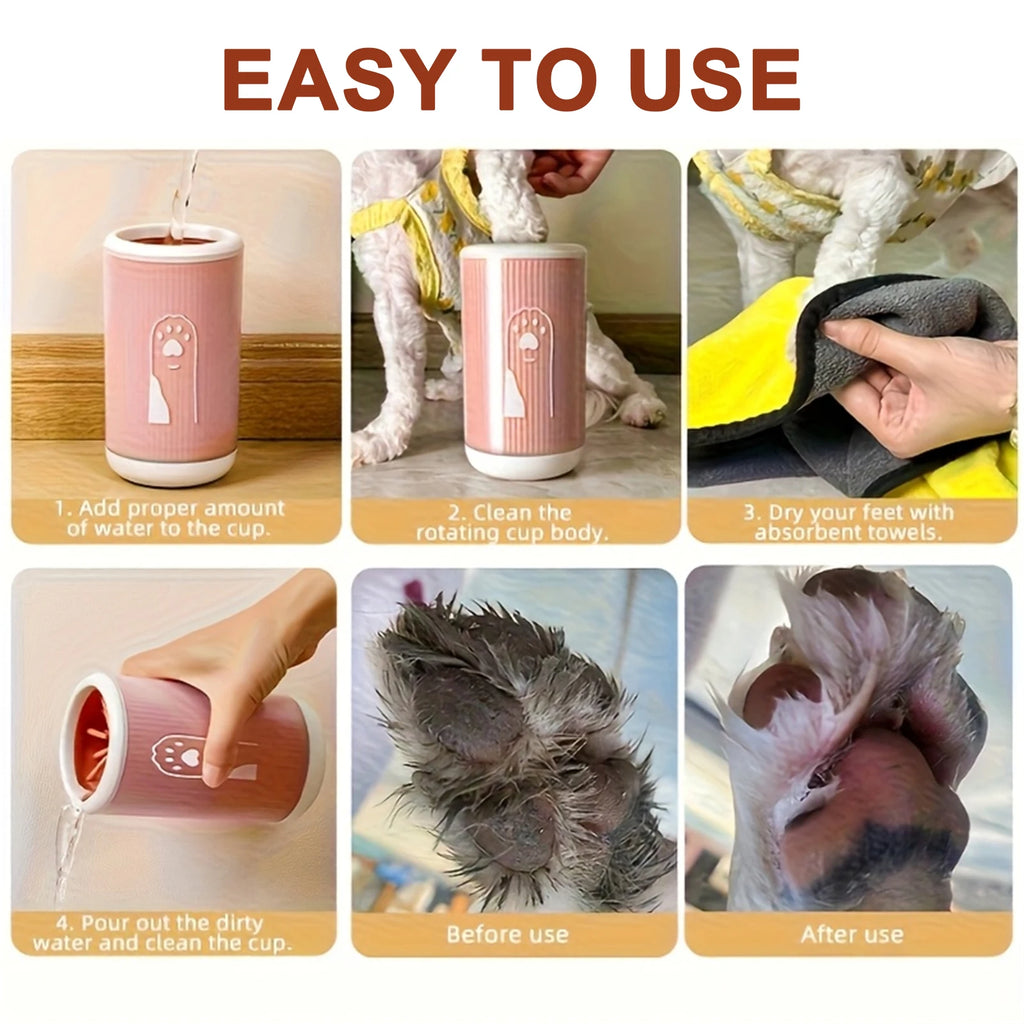 Showlu Smart General Pet Paw Cleaner Cup showing a hand rinsing a dog's paw inside the portable cleaning cup.