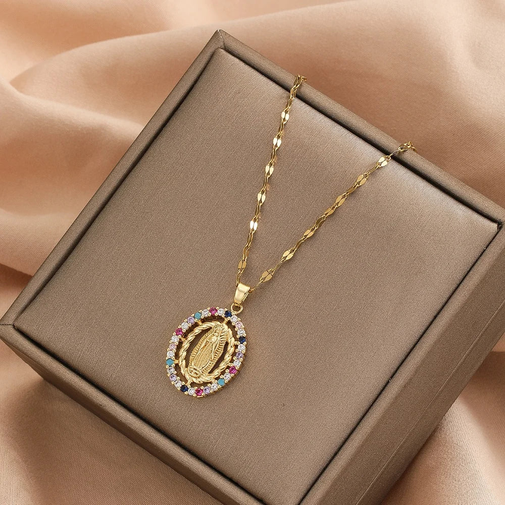 Colorful zircon necklace with vibrant design, showcasing a fashionable, lightweight, and versatile Madonna-inspired jewelry piece.
