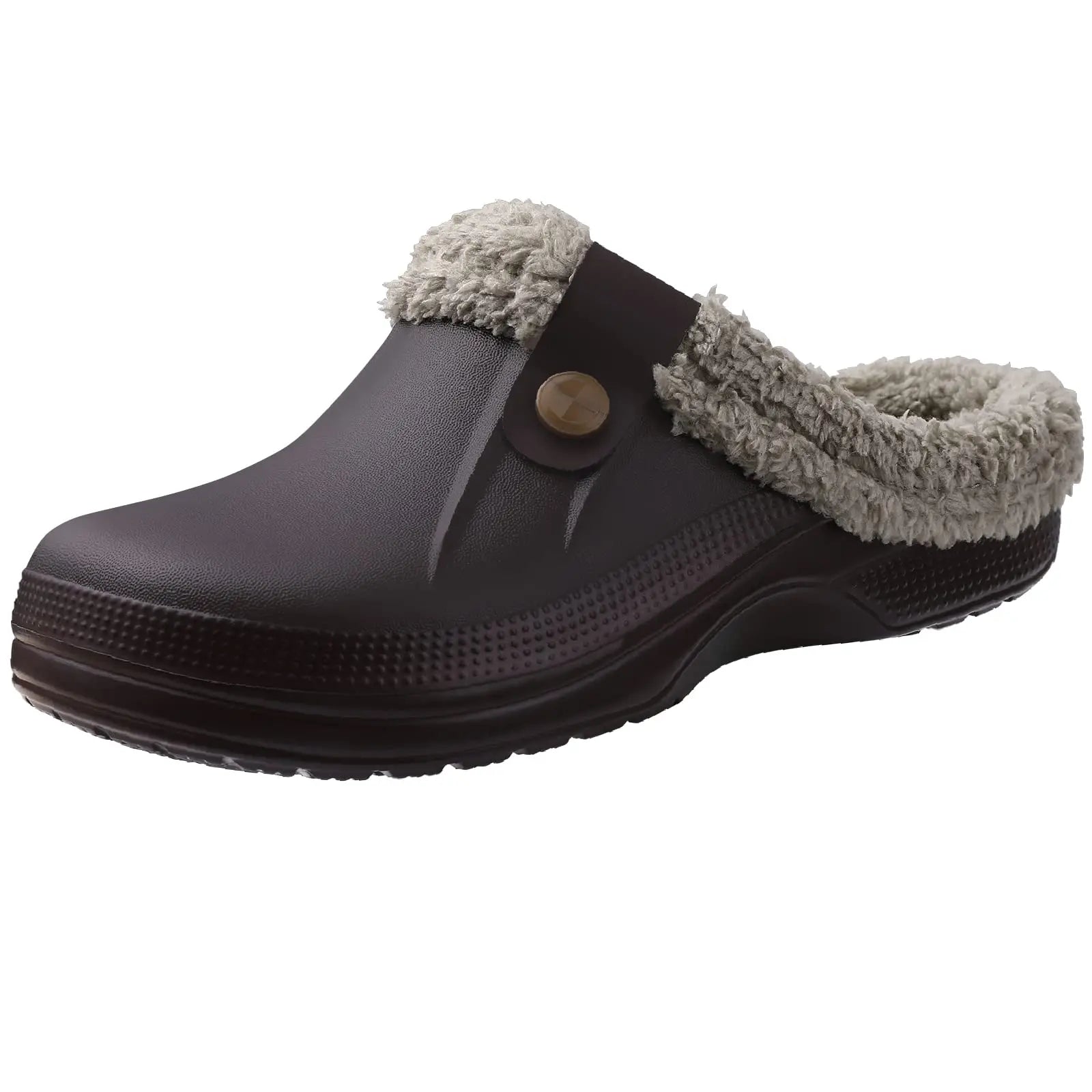 Showlu Fashion Shevalues men's fuzzy waterproof slippers with warm fur lining, anti-slip soles, ideal for winter indoor and garden use.