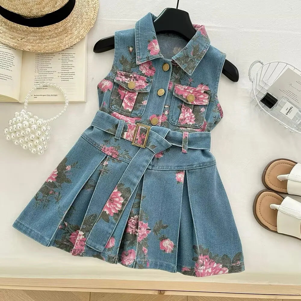 Girls Summer Denim Dress – Floral Print Collar & Belted A-Line Skirt, Korean Style Kids Fashion Princess Dress for Girls