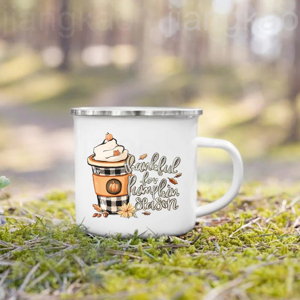 Showlu Pumpkin Spice Jesus Christ enamel mug for fall camping, featuring festive autumn-themed design on durable coffee cup.